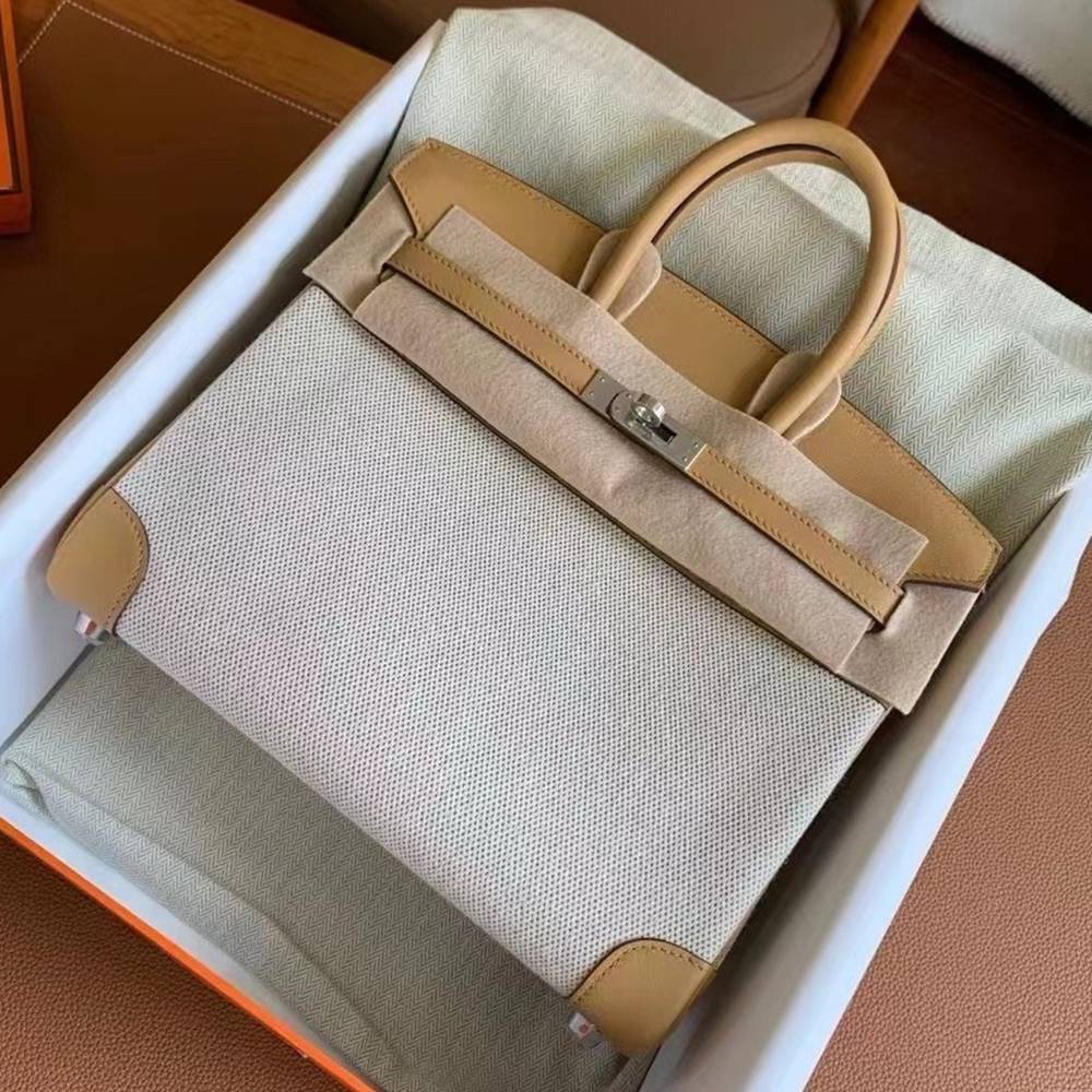 Hermes Birkin 25 Handmade Bag In Toile & Biscuit Swift Leather TDBS26016