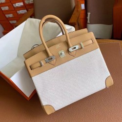 Hermes Birkin 25 Handmade Bag In Toile & Biscuit Swift Leather TDBS26016