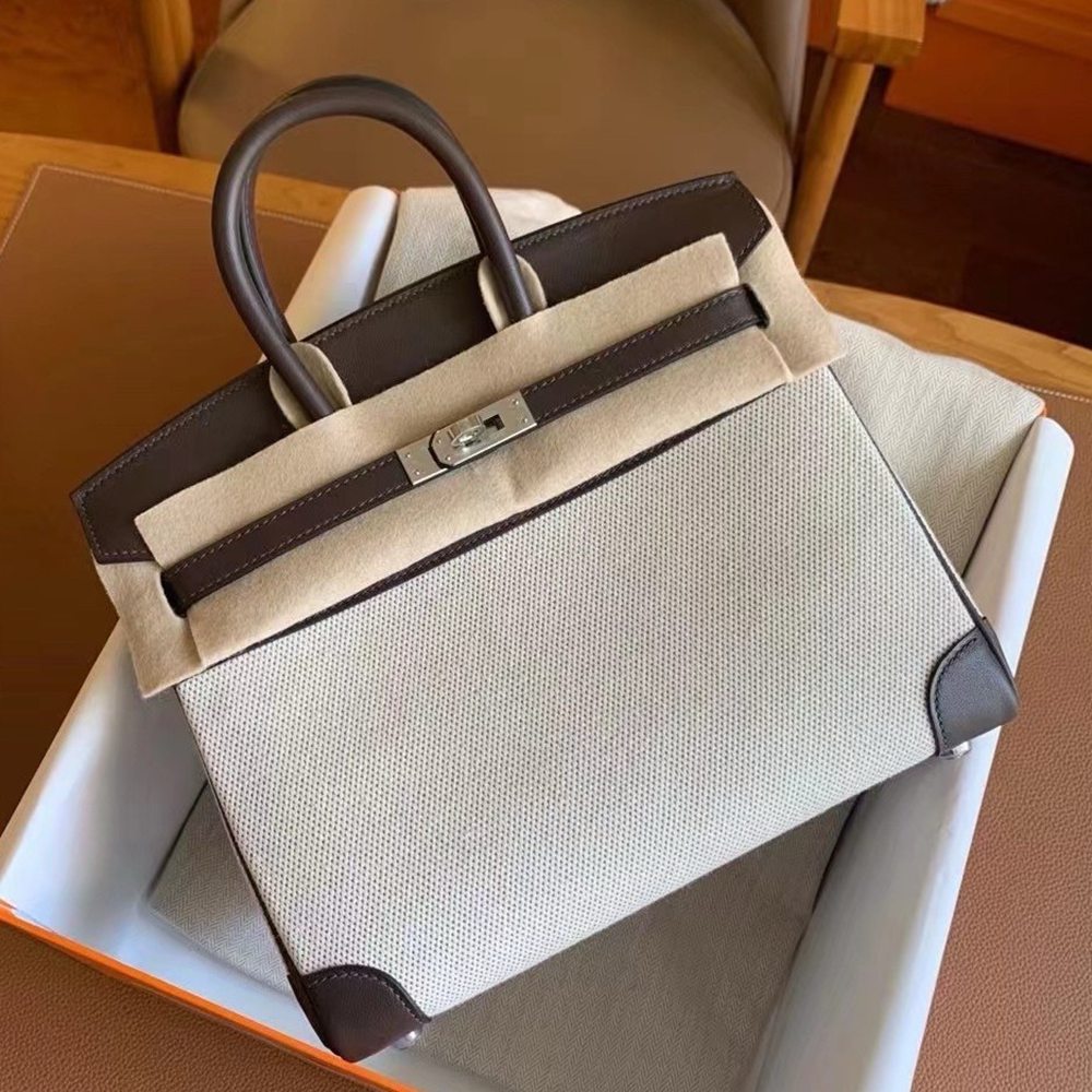 Hermes Birkin 25 Handmade Bag In Toile & Chocolat Swift Leather TDBS26018