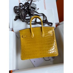 Hermes Birkin 25 Handmade Bag In Yellow Crocodile Niloticus Shiny Skin TDBS26019