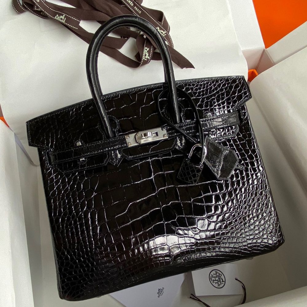 Hermes Birkin 25 Retourne Handmade Bag In Black Shiny Alligator Leather TDBS26029