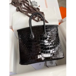 Hermes Birkin 25 Retourne Handmade Bag In Black Shiny Alligator Leather TDBS26029