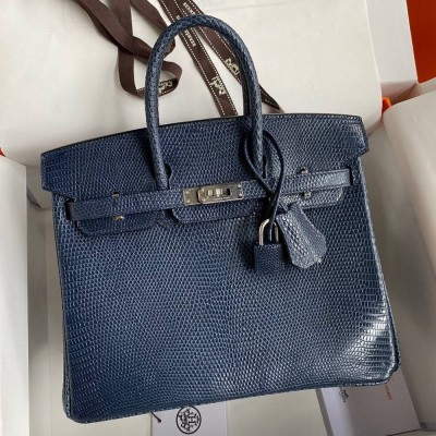 Hermes Birkin 25 Retourne Handmade Bag In Blue Saphir Lizard Leather TDBS26035