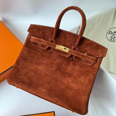 Hermes Birkin 25 Retourne Handmade Bag In Brown Doblis Suede Leather TDBS26036