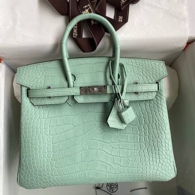 Hermes Birkin 25 Retourne Handmade Bag In Vert D'eau Matte Alligator Leather  TDBS26058