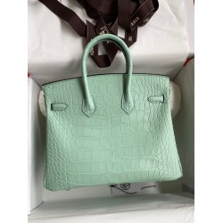 Hermes Birkin 25 Retourne Handmade Bag In Vert D'eau Matte Alligator Leather  TDBS26058