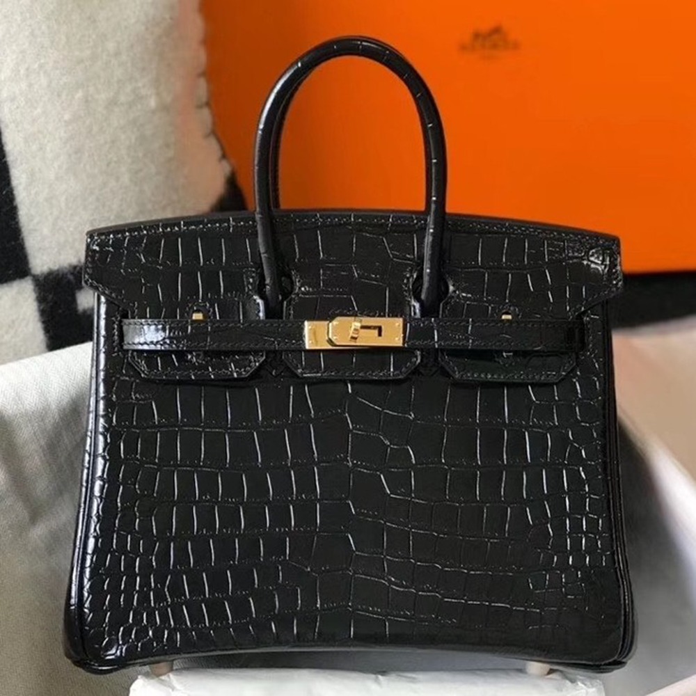 Hermes Birkin 25cm Bag In Black Embossed Crocodile Leather TDBS26076