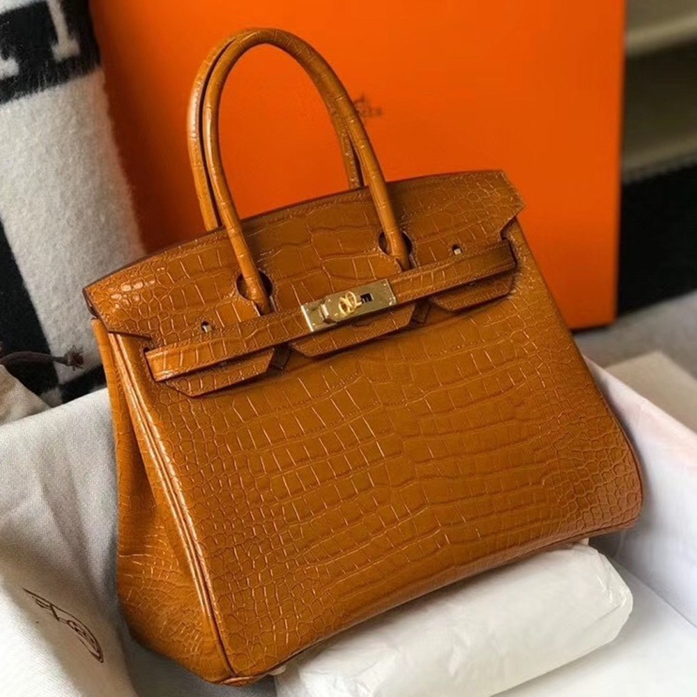 Hermes Birkin 25cm Bag In Gold Embossed Crocodile Leather TDBS26082