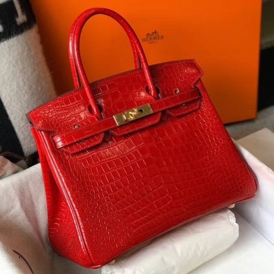 Hermes Birkin 25cm Bag In Red Embossed Crocodile Leather TDBS26089