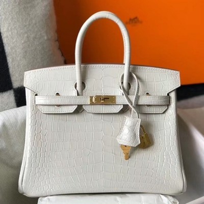 Hermes Birkin 25cm Bag In White Embossed Crocodile Leather TDBS26096