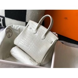 Hermes Birkin 25cm Bag In White Embossed Crocodile Leather TDBS26096