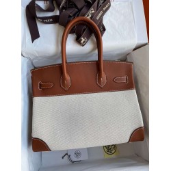 Hermes Birkin 30 Handmade Bag In Toile & Gold Swift Leather  TDBS26102