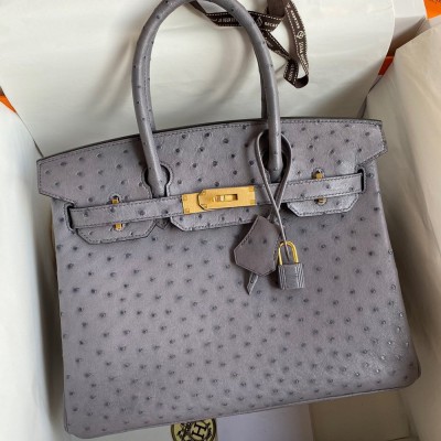 Hermes Birkin 30 Retourne Handmade Bag In Gris Asphalt Ostrich Leather  TDBS26121