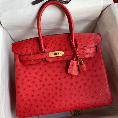 Hermes Birkin 30 Retourne Handmade Bag In Red Ostrich Leather TDBS26127