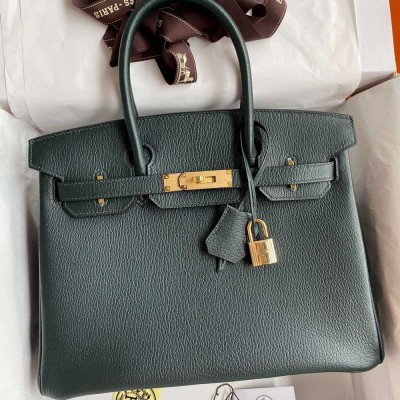 Hermes Birkin 30 Retourne Handmade Bag In Vert Cypres Chevre Mysore Leather  TDBS26133