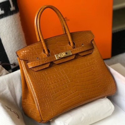 Hermes Birkin 30cm Bag In Gold Embossed Crocodile Leather TDBS26142