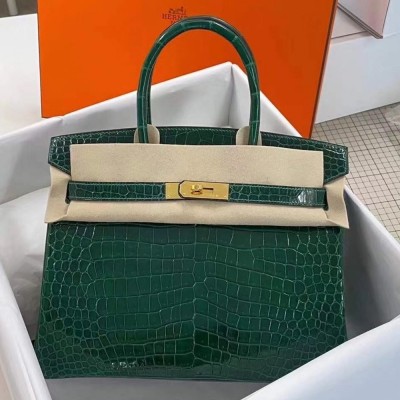 Hermes Birkin 30cm Bag In Green Crocodile Porosus Shiny Skin TDBS26143