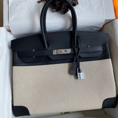 Hermes Birkin 35 Handmade Bag In Toile & Black Swift Leather  TDBS26150