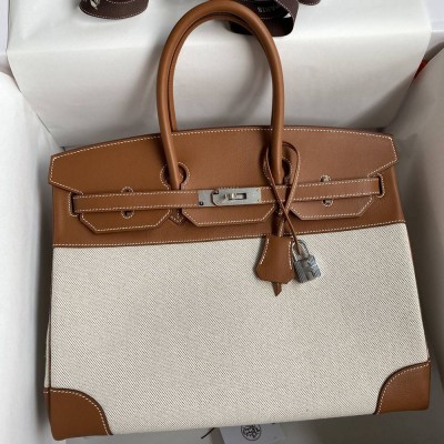 Hermes Birkin 35 Handmade Bag In Toile & Gold Swift Leather TDBS26151