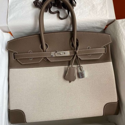 Hermes Birkin 35 Handmade Bag In Toile & Taupe Clemence Leather  TDBS26152