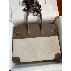 Hermes Birkin 35 Handmade Bag In Toile & Taupe Clemence Leather  TDBS26152