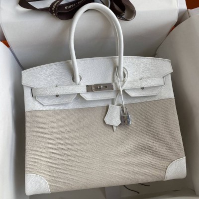 Hermes Birkin 35 Handmade Bag In Toile & White Clemence Leather  TDBS26153