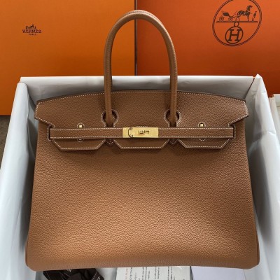 Hermes Birkin 35 Retourne Handmade Bag In Gold Clemence Leather TDBS26158