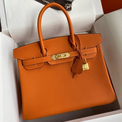 Hermes Birkin 35 Retourne Handmade Bag in Orange Clemence Leather  TDBS26162