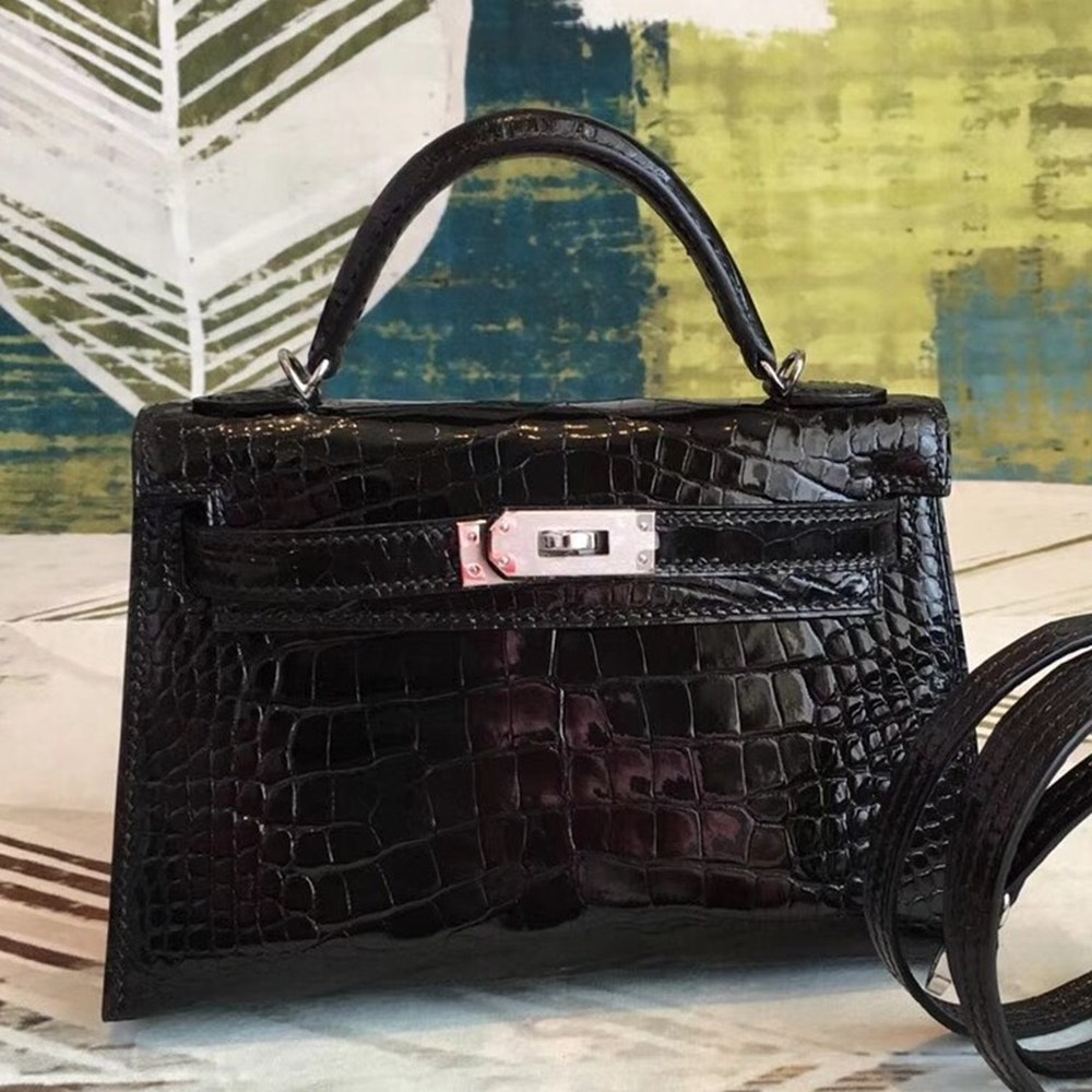 Hermes Black Alligator Kelly Mini II Handmade Bag TDBS26769