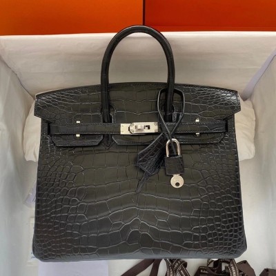 Hermes Black Birkin 25cm Matte Alligator Crocodile Skin Bag TDBS26170