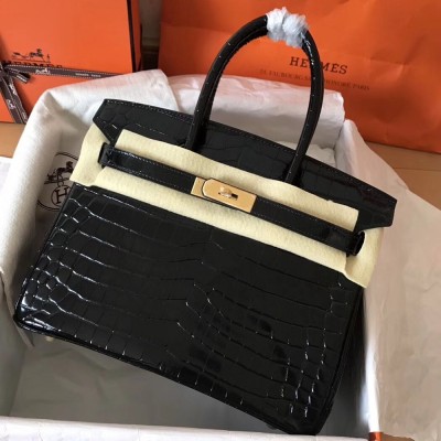 Hermes Black Birkin 30cm Crocodile Porosus Shiny Bag TDBS26173