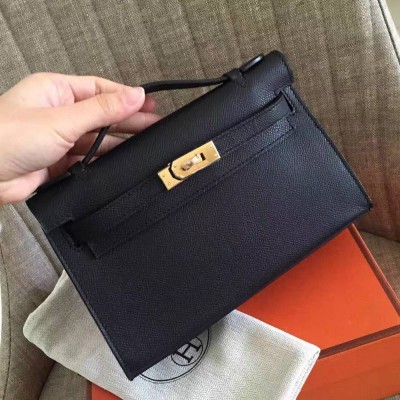 Hermes Black Kelly Pochette Epsom Handmade Bag TDBS26781