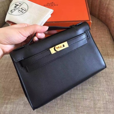 Hermes Black Kelly Pochette Swift Handmade Bag TDBS26782