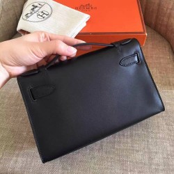 Hermes Black Kelly Pochette Swift Handmade Bag TDBS26782