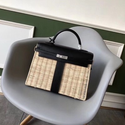 Hermes Black Picnic Kelly 35cm Wicker Bag TDBS26783