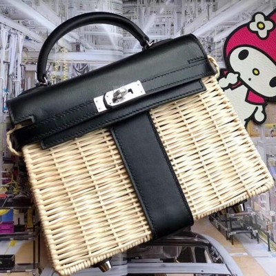 Hermes Black Picnic Kelly Mini 20cm Wicker Bag TDBS26784