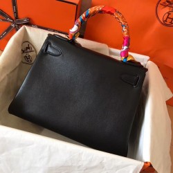 Hermes Black Swift Kelly 28cm Handmade Bag TDBS26785