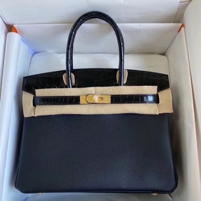 Hermes Black Touch Birkin 30cm Bag Shiny Niloticus Crocodile Skin TDBS26181