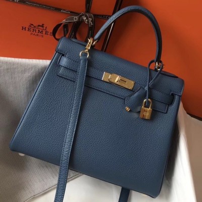 Hermes Blue Agate Clemence Kelly 28cm Bag TDBS26787