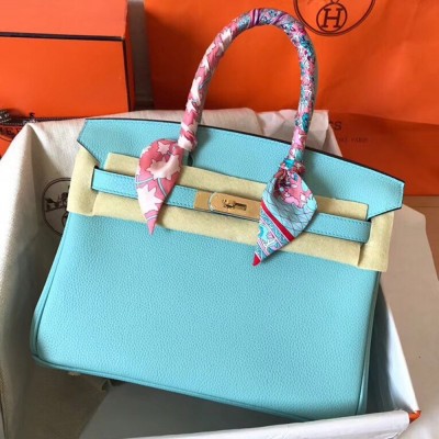 Hermes Blue Atoll Birkin 30cm Clemence Handmade Bag TDBS26185