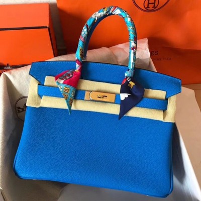 Hermes Blue Birkin 30cm Clemence Handmade Bag TDBS26187