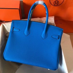 Hermes Blue Birkin 30cm Clemence Handmade Bag TDBS26187