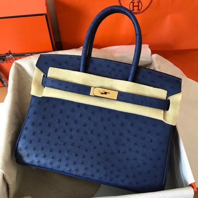 Hermes Blue Birkin 30cm Ostrich Handmade Bag TDBS26188