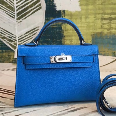 Hermes Blue Chevre Kelly Mini II Handmade Bag TDBS26791