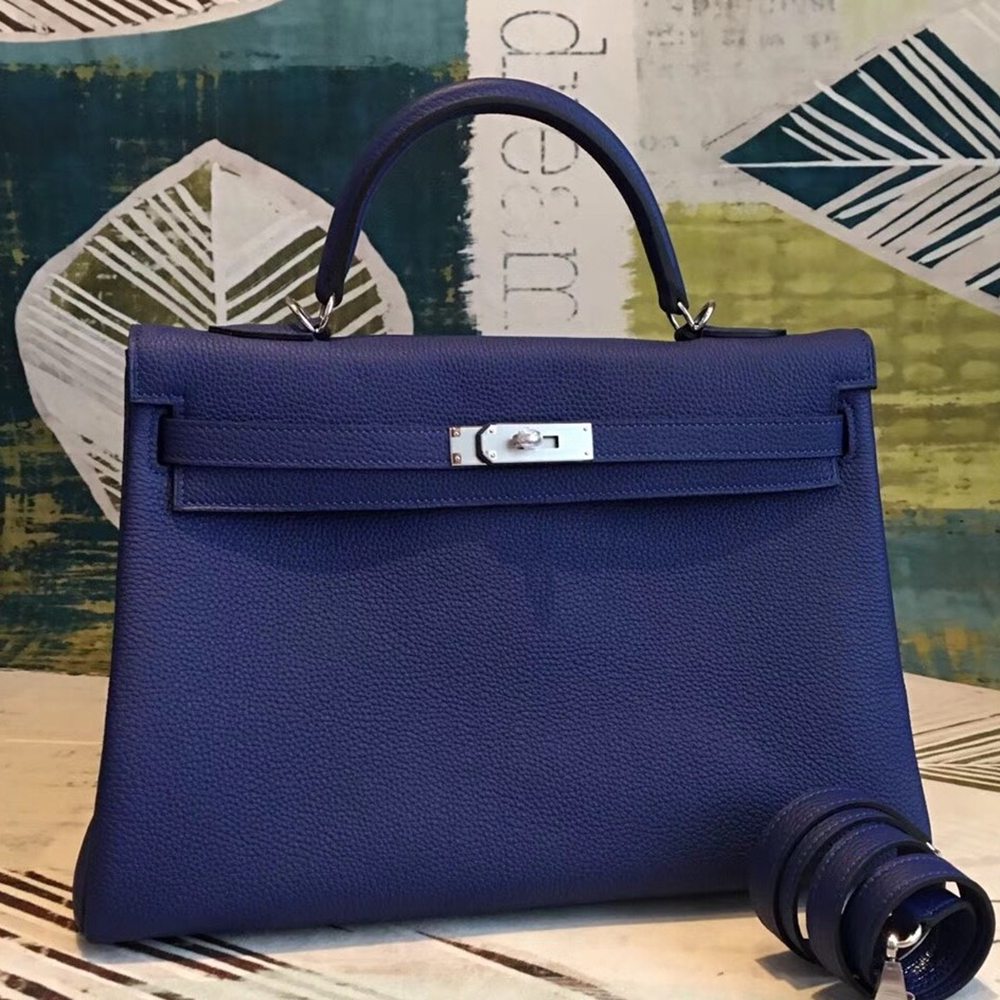 Hermes Blue Clemence Kelly 35cm Handmade Bag TDBS26792