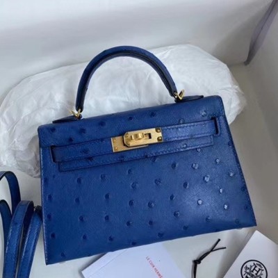 Hermes Blue Electric Ostrich Kelly Mini II Handmade Bag TDBS26795