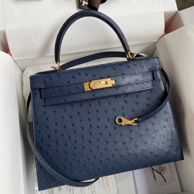 Hermes Blue Iris Ostrich Kelly 28cm Handmade Bag TDBS26796