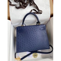 Hermes Blue Iris Ostrich Kelly 28cm Handmade Bag TDBS26796