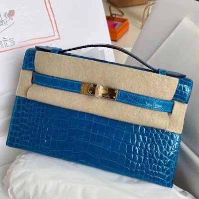 Hermes Blue Izmir Shiny Alligator Crocodile Kelly Pochette Bag TDBS26798