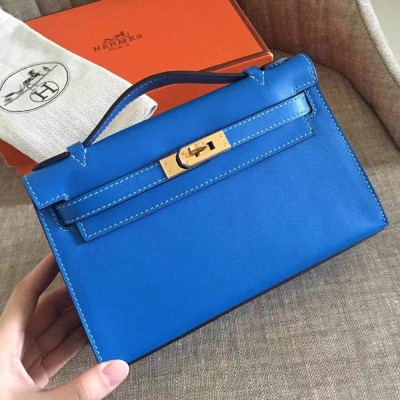 Hermes Blue Kelly Pochette Swift Handmade Bag TDBS26804